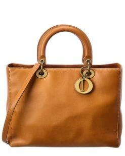 Dior Brown Calfskin Leather Large Lady Dior (Authentic Pre-Owned) Women Shoulder Bags