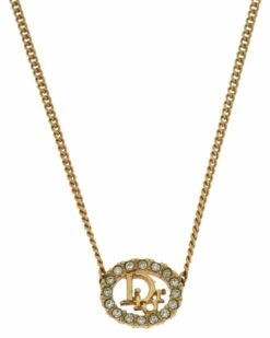 Dior Plated Logo Rhinestone Pendant Necklace (Authentic Pre-Owned) Women Necklaces Gold